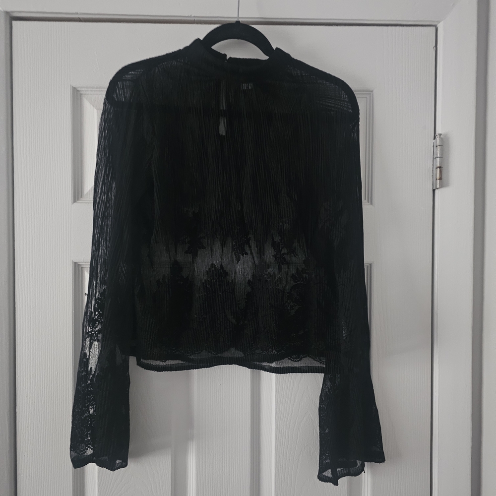 Bar III Black Sheer Lace Mock-Neck Blouse